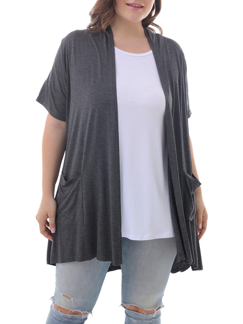 ZERDOCEAN Women's Plus Size Short Sleeve Lightweight Soft Printed Drape Cardigan with Pockets Dark Gray 3X - Image 1
